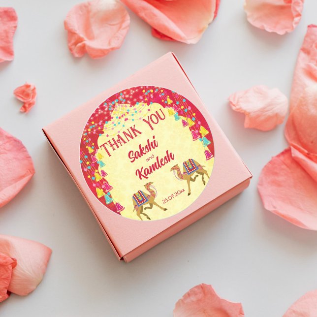 Indian wedding Rajasthani camels colourful favour Classic Round Sticker (Indian wedding thank you favor gift stickers cerise pink yellow arch frame Rajasthani wedding camels)
