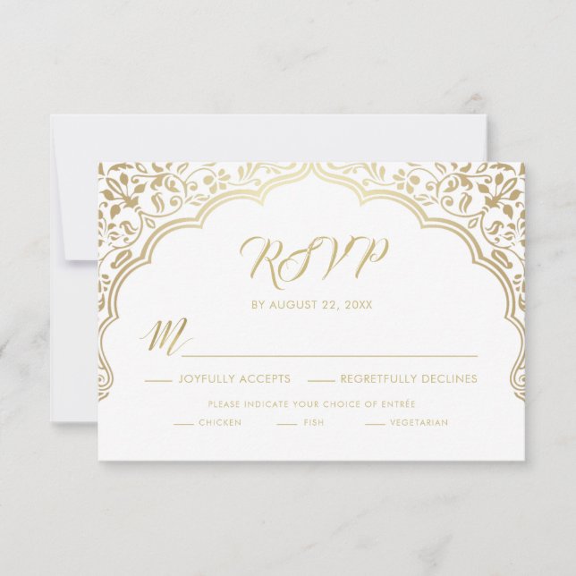 Indian Wedding RSVP Card, White and Gold Card (Front)