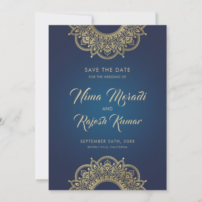 Indian Wedding, Save The Date, Blue and Gold Date (Front)