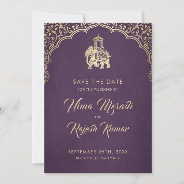 Indian Wedding, Save The Date, Blue, Gold, Ganesha Date (Front)