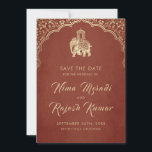Indian Wedding Save The Date Gold Ganesha Invitati Invitation<br><div class="desc">Indian Wedding Save The Date Gold Ganesha Invitation These beautiful Indian Wedding Invitations with a ganesha design in faux gold foil on a red background will surely excite your guests! Design tip: Use capital letters for the non-script text. Upgrade the paper type to Pearl Shimmer for an extra fancy look!...</div>