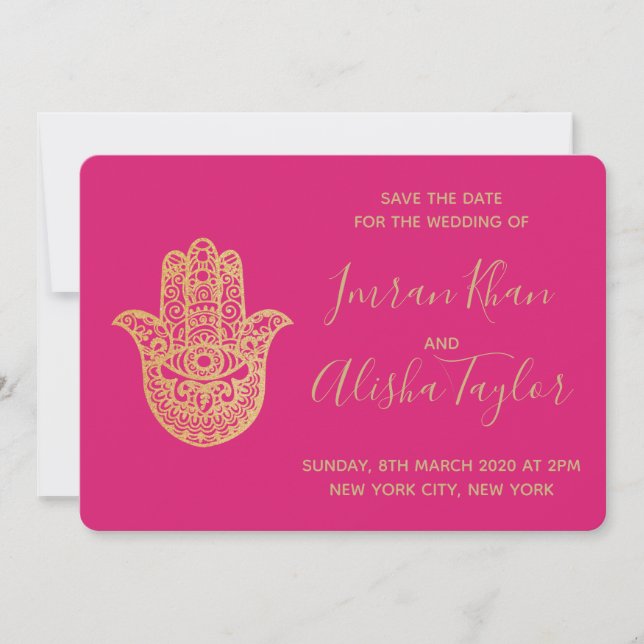 Indian Wedding Save the date Gold hamsa Henna (Front)