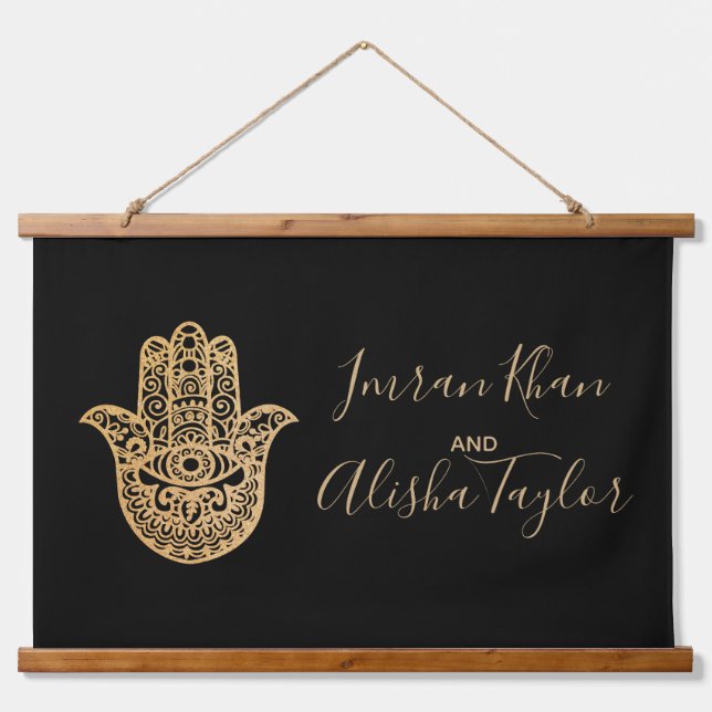 Indian Wedding Save the date Gold hamsa Henna Hanging Tapestry (Front)