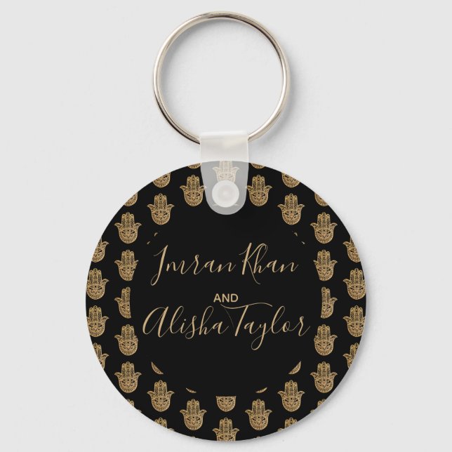 Indian Wedding Save the date Gold hamsa Henna Key Ring (Front)