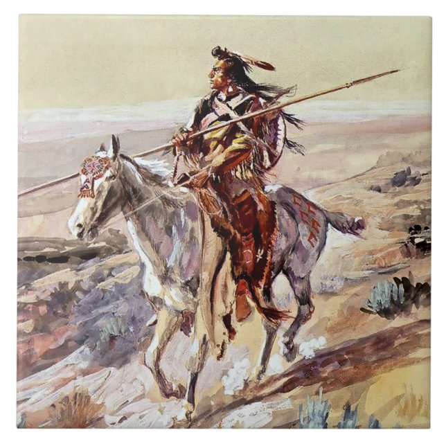 “Indian With Spear” Cowboy Art by Charles Russell Ceramic Tile (Front)