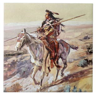 “Indian With Spear” Cowboy Art by Charles Russell Ceramic Tile