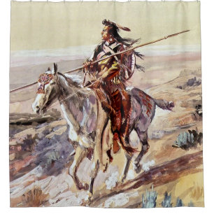 “Indian With Spear” Cowboy Art by Charles Russell Shower Curtain