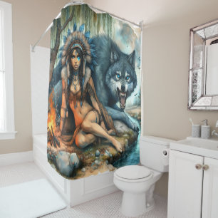 Indian woman and her strong wolf friend shower curtain