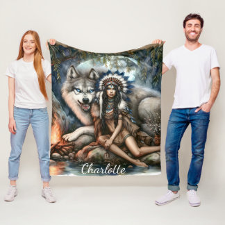 Indian woman and wolf in the forest fleece blanket