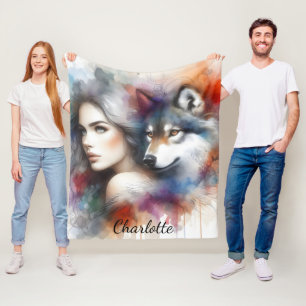 Indian Woman and Wolf Spirit of the Wild Fleece Blanket
