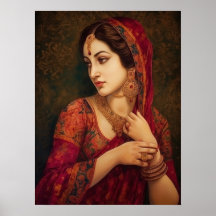 Indian Woman in Red Saree Portrait Painting