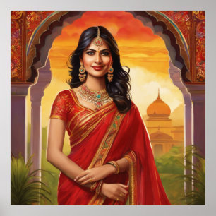 Indian Woman in Temple wearing a Traditional Saree Poster