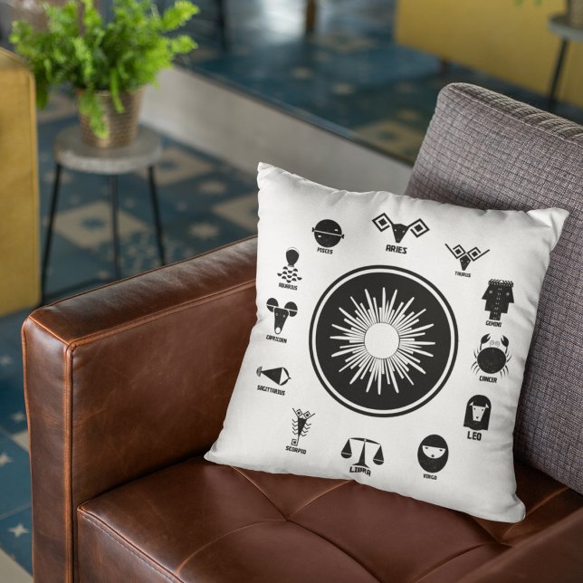 Indian Zodiac - 12 Vedic Signs in Geometric Style Cushion (Rest with the Signs of the Stars.)