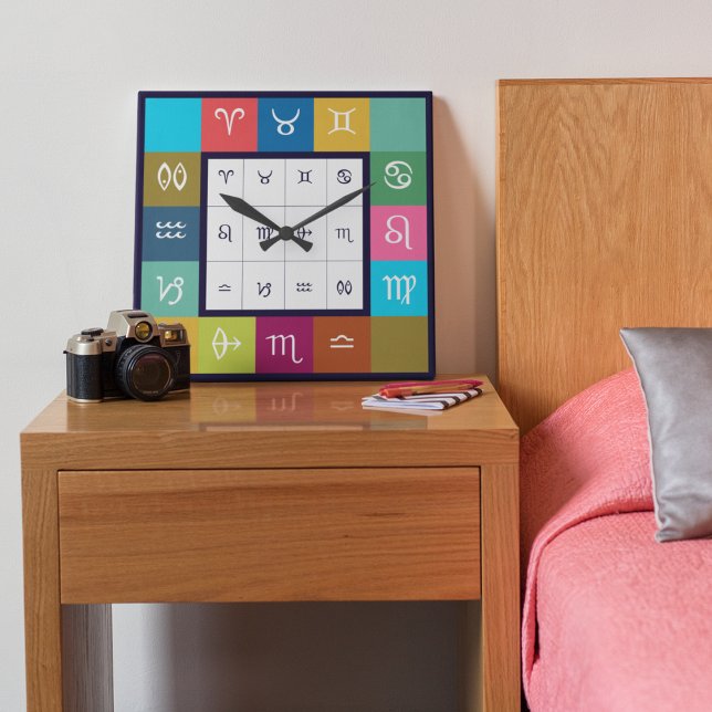 Indian Zodiac - 12 Vedic Signs with Sacred Colours Square Wall Clock (Time Aligned with the Signs.
)