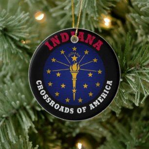 INDIANA CROSSROADS STATE FLAG CERAMIC ORNAMENT