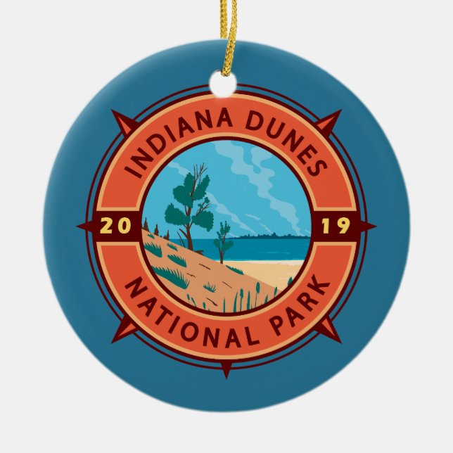 Indiana Dunes National Park Retro Compass Emblem Ceramic Ornament (Front)