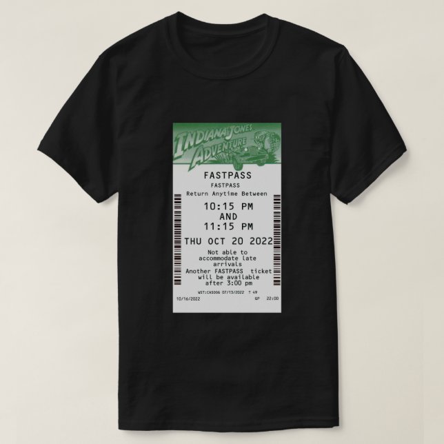 Indiana Jones Adventure Fastpass October 2022  T-Shirt (Design Front)