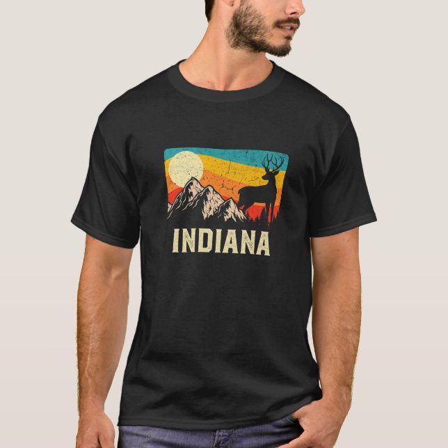 Indiana Nature Wild Deer Retro Sunset Hiking T-Shirt (Front)