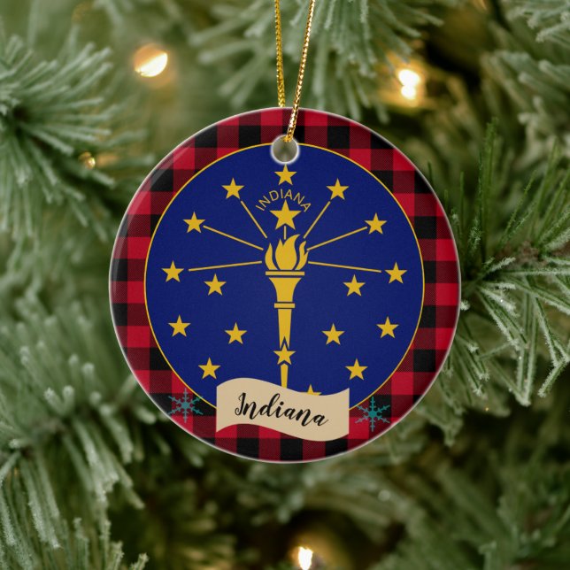 Indiana, Red buffalo plaid & Indiana Flag Ceramic Ornament (Tree)