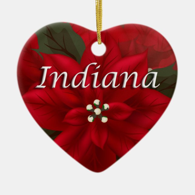 Indiana Red Poinsettia Heart  Keepsake Ornament (Front)
