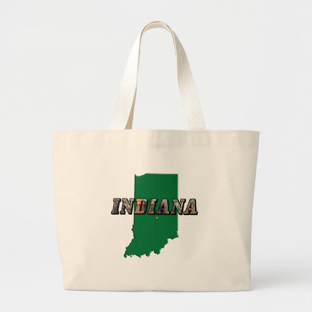 Indiana State Map Green Outline & Photo Text Large Tote Bag (Front)