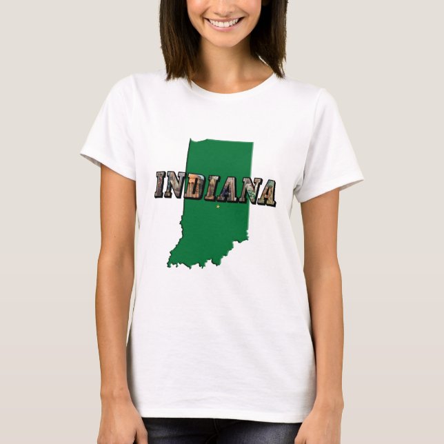 Indiana State Map Green Outline & Photo Text T-Shirt (Front)