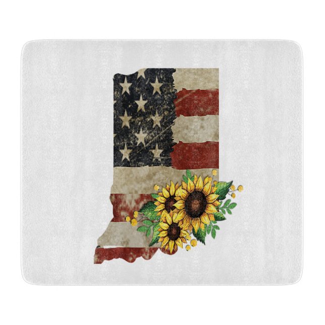 Indiana State Map US Flag Sunflower Glass Cutting Board (Front)