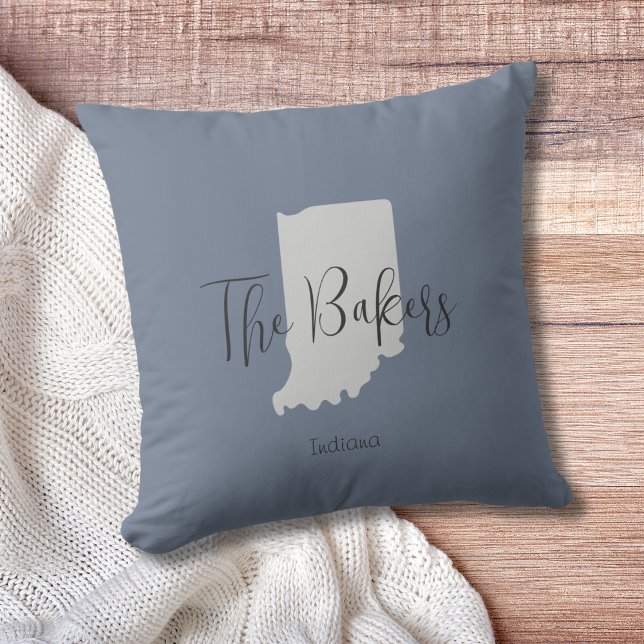 Indiana State Outline Family Name Throw Pillow (Show pride for your state and personalize it!  "love makes this house a home in <your state>")
