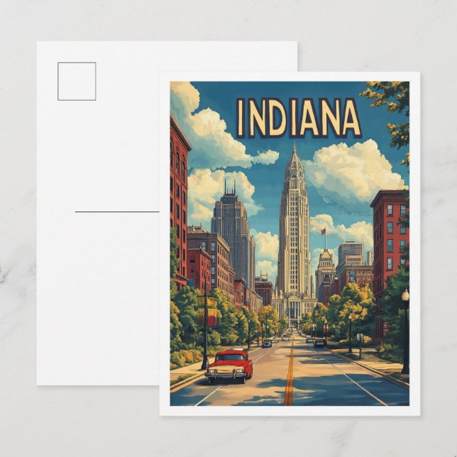 Indiana USA Art Vintage Illustration Travel Postcard (Front/Back)