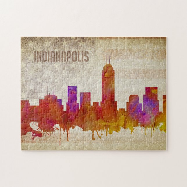 Indianapolis, IN | Watercolor City Skyline Jigsaw Puzzle (Horizontal)