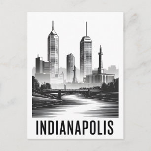 Indianapolis Indiana Skyline Black White Woodcut Holiday Postcard