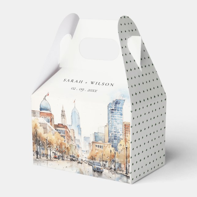 Indianapolis, Indiana Watercolor Landscape Wedding Favour Box (Front Side)