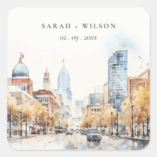 Indianapolis, Indiana Watercolor Landscape Wedding Square Sticker