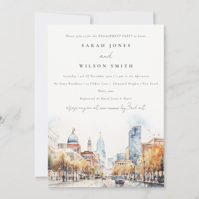 Indianapolis Indiana Watercolor Scape Engagement Invitation (Front)