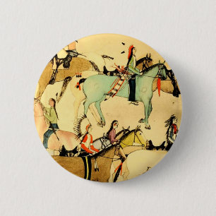 Indians Horses Western Americana Folk Art Drawing 6 Cm Round Badge