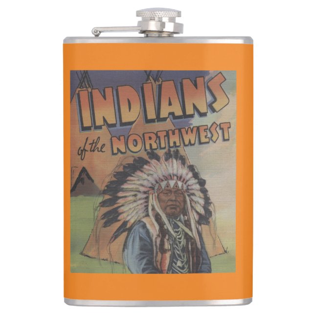 Indians of the Northwest - Indian Chief & Teepee Hip Flask (Front)