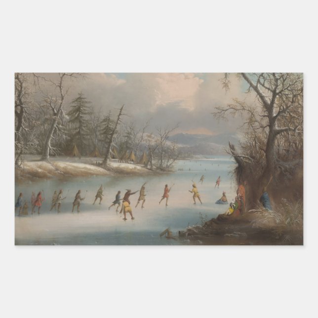 Indians Playing Lacrosse on the Ice Rectangular Sticker (Front)