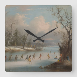 Indians Playing Lacrosse on the Ice Square Wall Clock