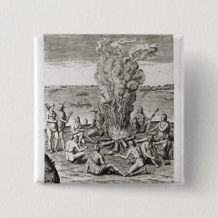 Indians praying around a fire, engraving 15 cm square badge