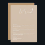 INDIE Boho Earth Toned Beige 5x7" Let's Eat Menu<br><div class="desc">This menu features an edgy handwritten font and modern minimalist design with a boho earth toned beige and white colour combination. Easily edit *most* wording to match your needs. This menu makes the perfect addition to your simple contemporary or bohemian baby shower, bridal shower, wedding, retirement or any other event!...</div>