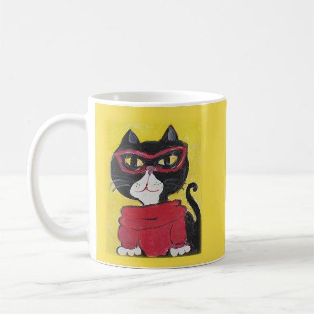 Indie Folk Art Turtleneck Cat Painting Fun Coffee Mug (Left)