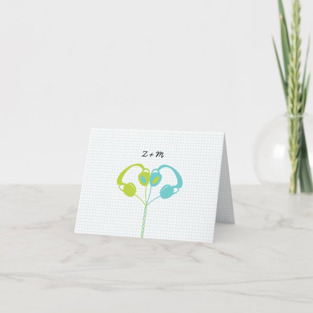 Indie Headphone Heart Blue / Lime Green Wedding Thank You Card (Front)