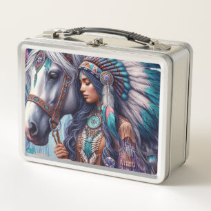 indigenous native american indian women horse metal lunch box