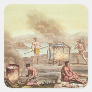 Indigenous natives from Florida preparing and cook Square Sticker