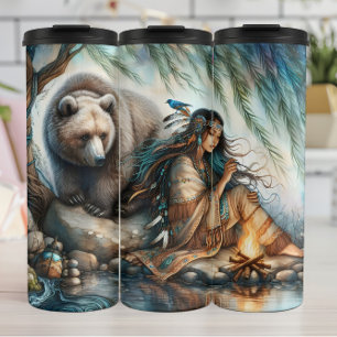 Indigenous Woman, Bear, Fire: Personalize Thermal Tumbler