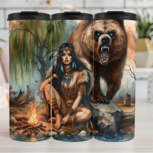 Indigenous Woman, Bear, Fire: Spirit Thermal Tumbler