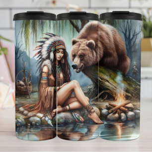 Indigenous Woman, Bear, Fire: Waterside Tranquilit Thermal Tumbler