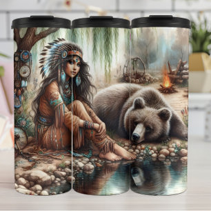 Indigenous Woman, Bear, Water: Reflection Thermal Tumbler