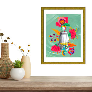 Indigenous Woman W/ Colourful Flowers On Soft Gree Poster