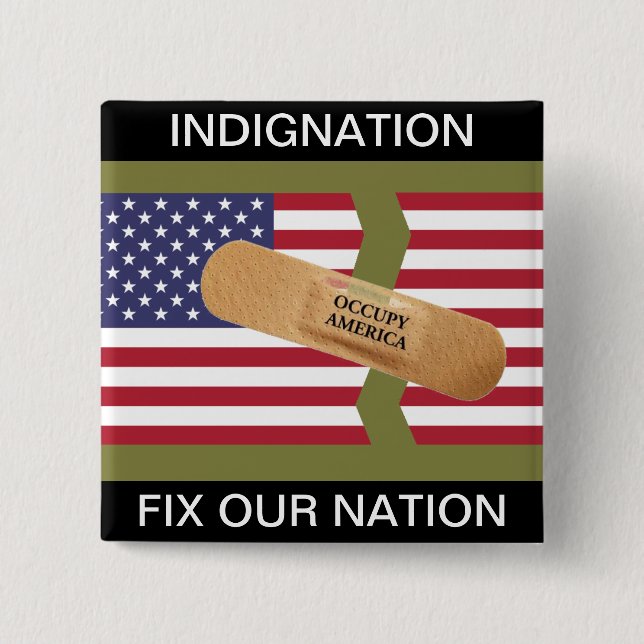 INDIGNATION FIX OUR NATION 15 CM SQUARE BADGE (Front)